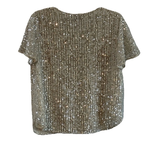Loft Beige Tan Ivory Sequin Short Sleeve Party Top Shirt Women's Size Medium - Picture 4 of 11